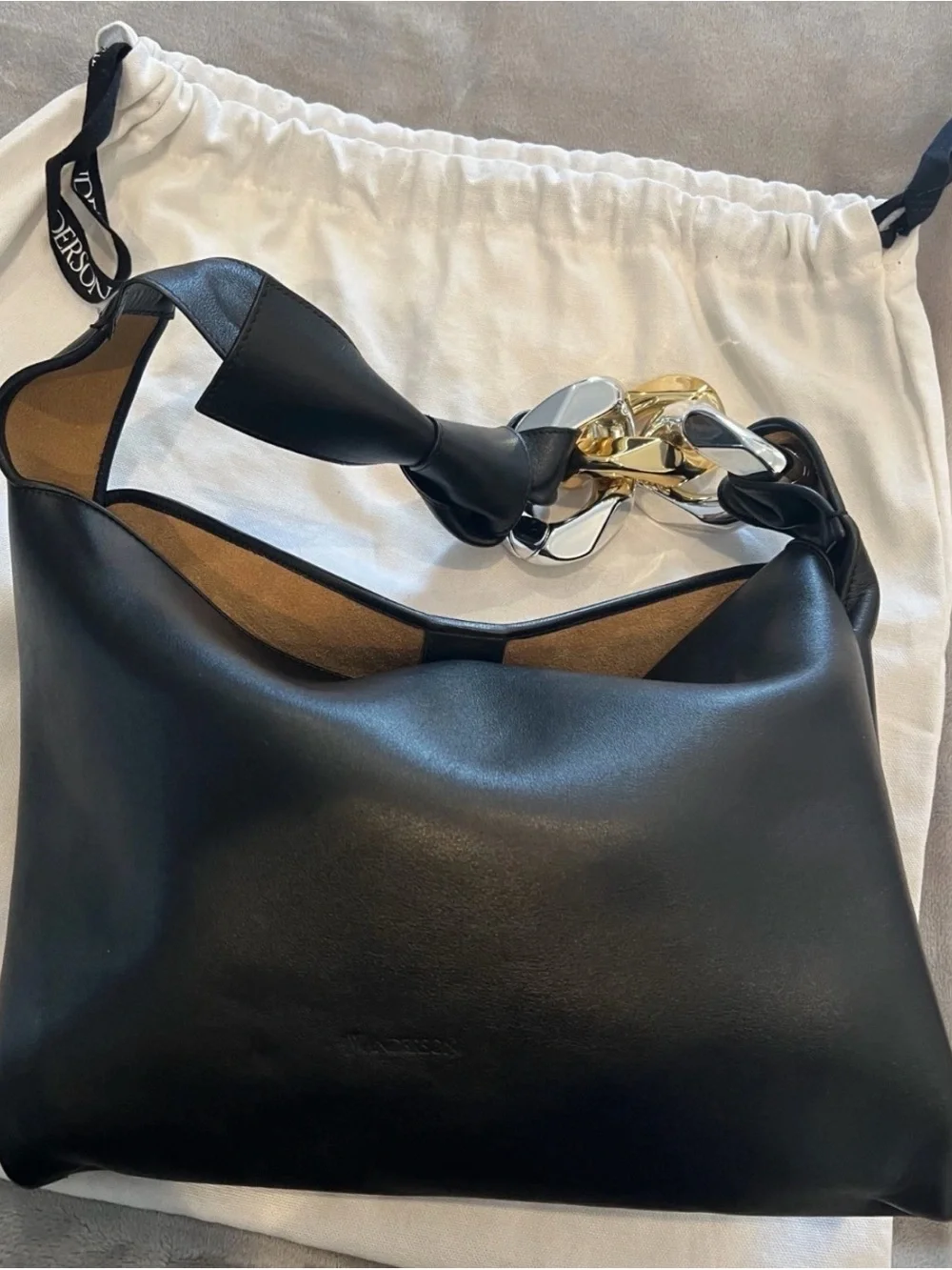 JW ANDERSON Black Shoulder Bag with Gold & Silver Chain Links